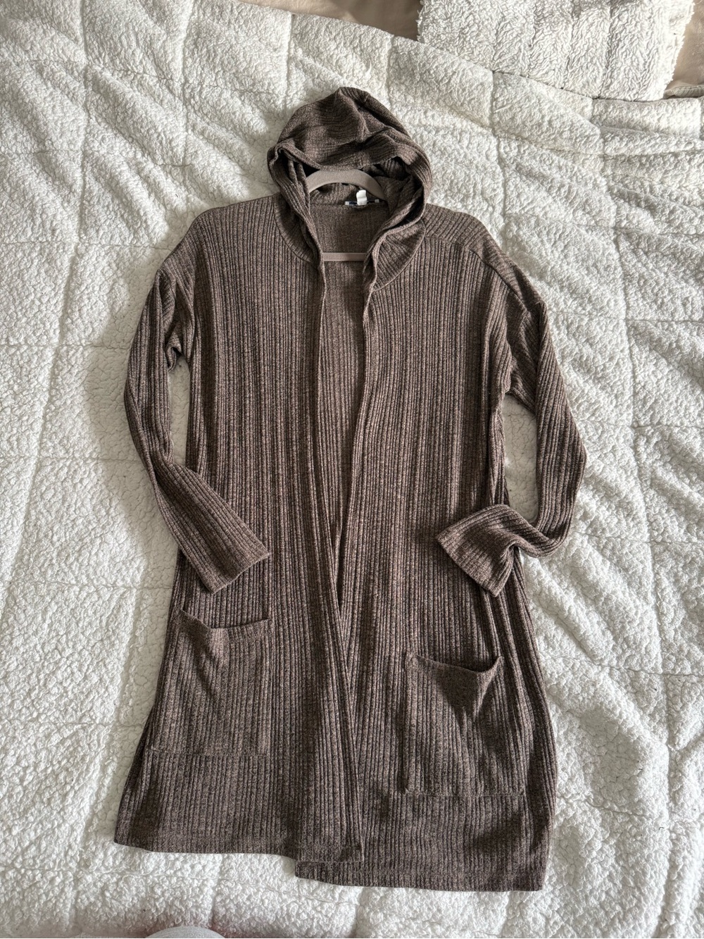 American Eagle Outfitters Taupe Ribbed Hooded Open Cardigan